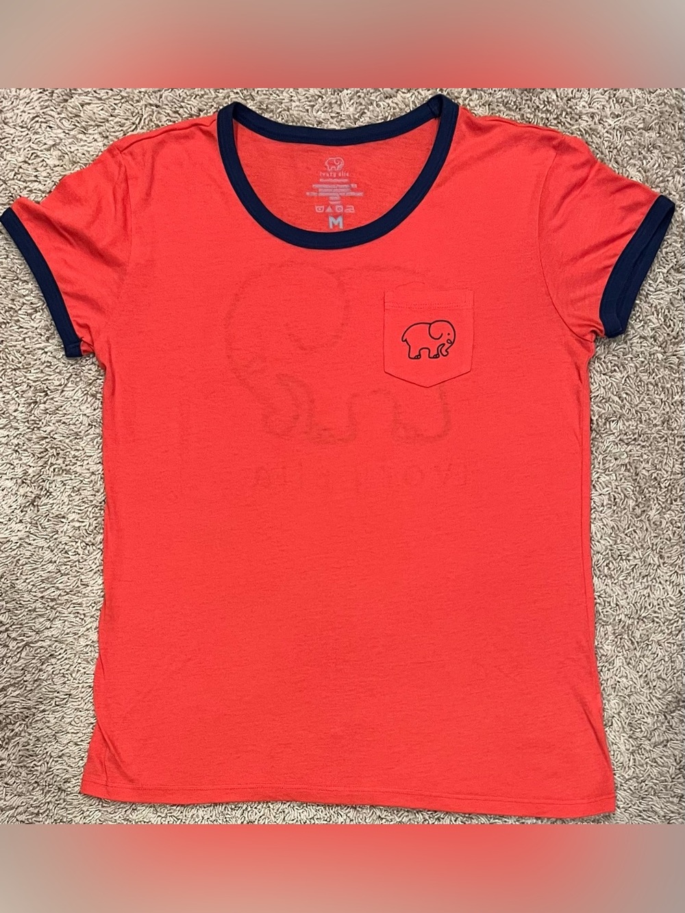 IVORY ELLA Women’s Medium Coral Red Ringer Pocket Tee with Navy Trim T-Shirt Top